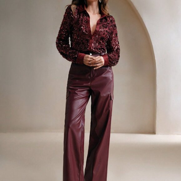Wine Burgundy Casual Women's Mesh Sexy Sequin Blouse - Picture 4 of 7